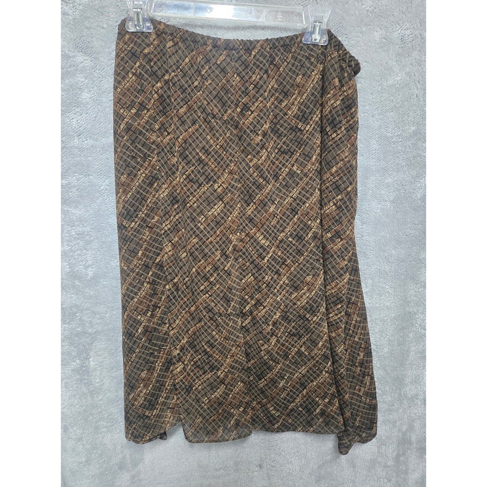 Brown Abstract Grid Print Midi Skirt Elastic Waist Lined Size 18